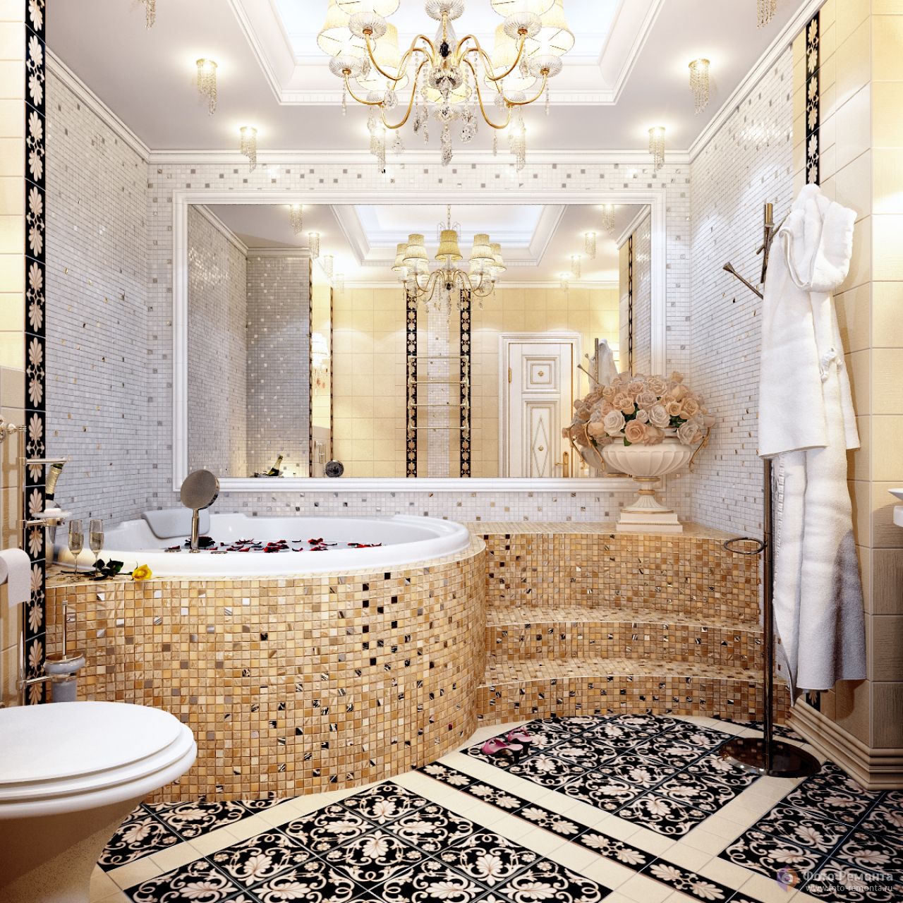 Плитка мозаика для ванной комнаты. Дизайн на полу и стене с фото